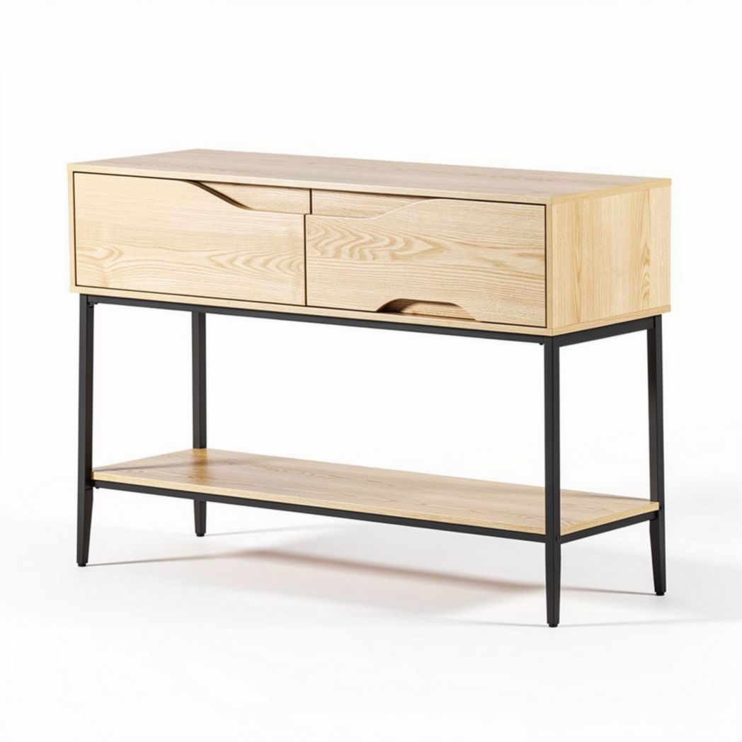 Mobiletto consolle in legno di frassino naturale con struttura nera 120 x 40 x 80cm