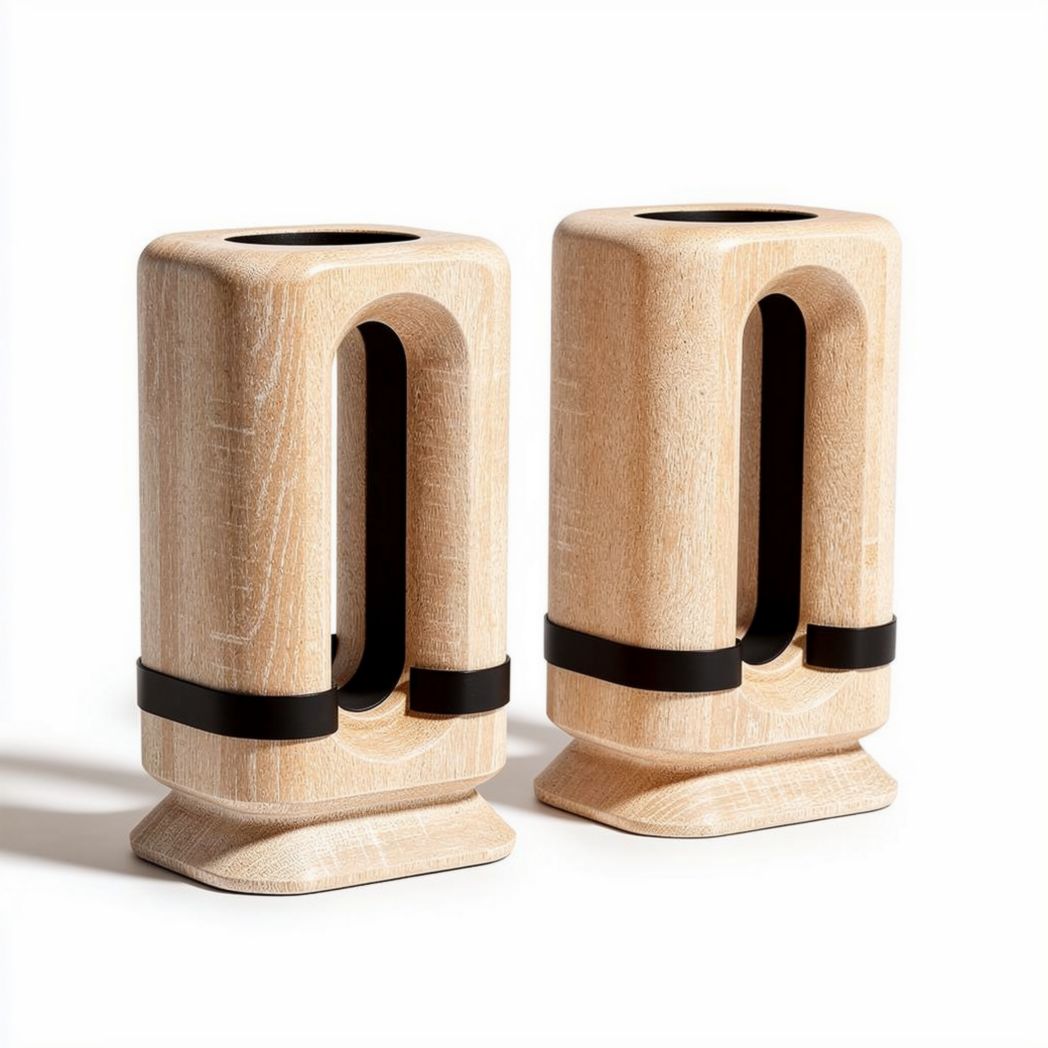 Vasi da tavolo in legno avorio con dettagli in metallo nero 10 x 10 x 20cm