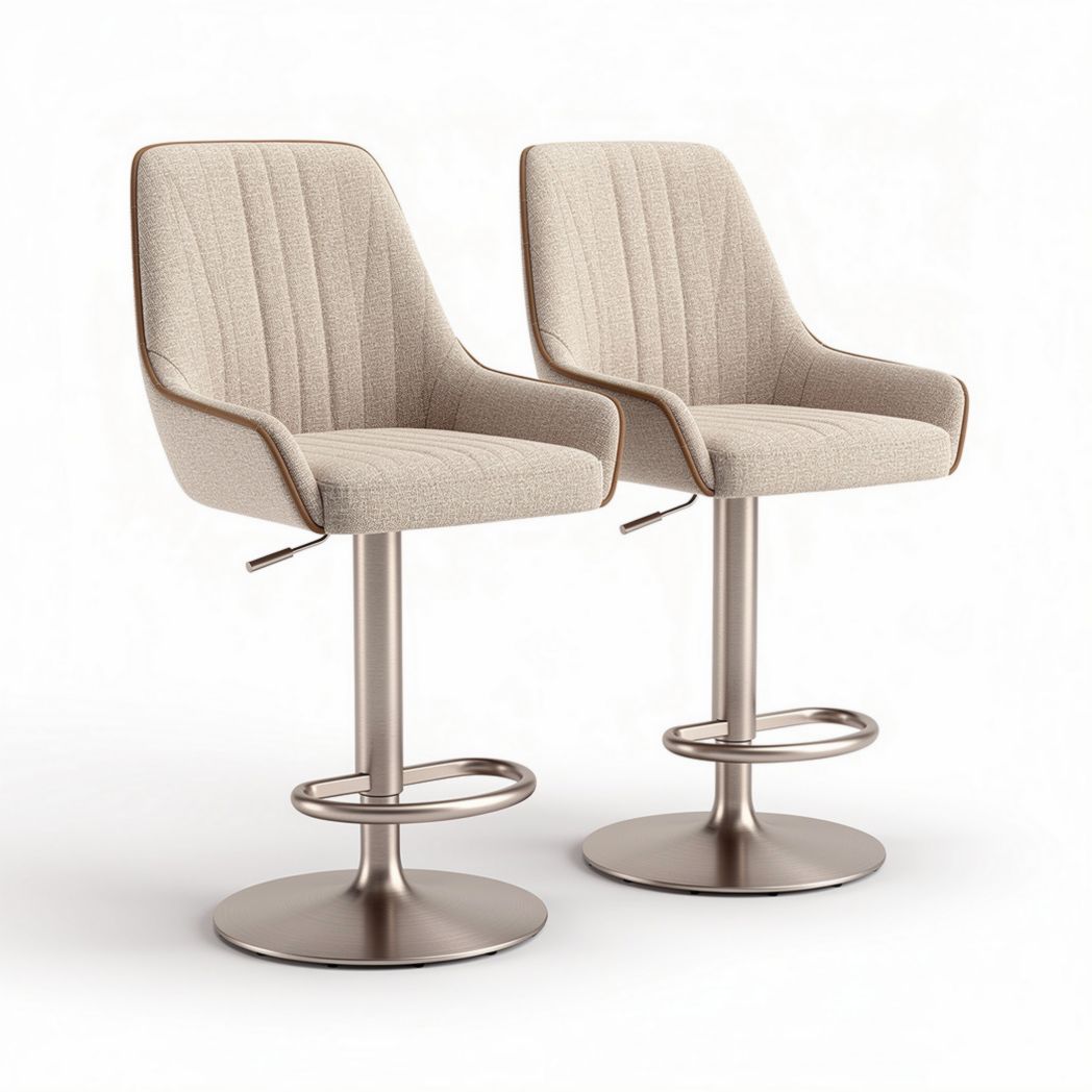 Sedia da bar girevole in tessuto beige con base in acciaio inox altezza regolabile
